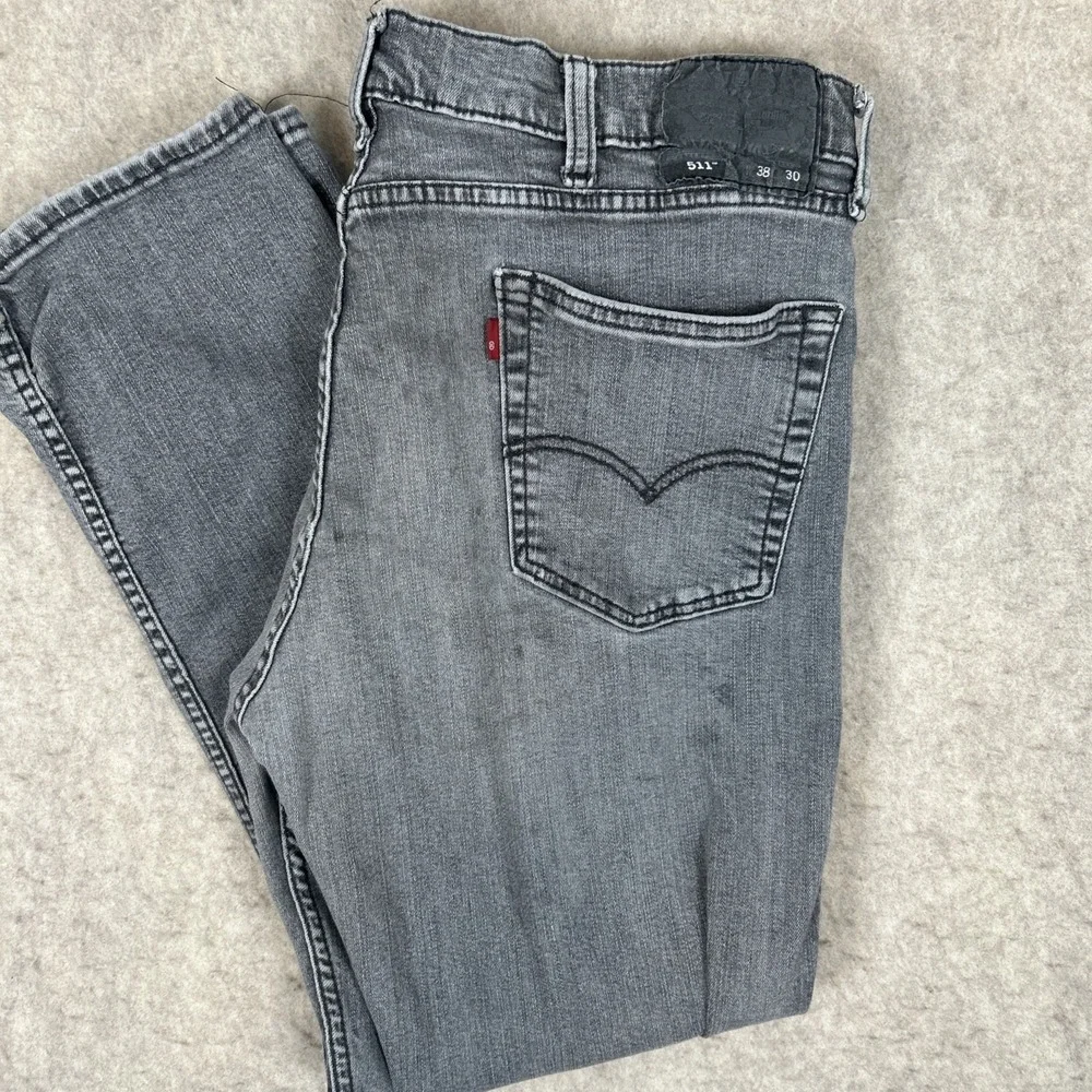 Levi's 511 Jeans Men's 38x30 Slim Fit Gray‎ Wash Denim Red Tab Distressed